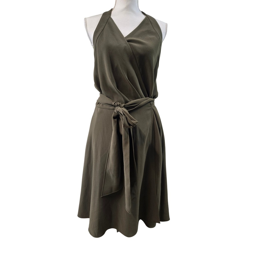 Diane von Furstenberg Olive Green Halter Wrap Midi Dress Size L DVF Crepe